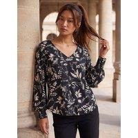 Roman Womens Floral Puff Print Stretch Shirt - Black