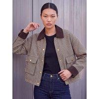 Roman Womens Check Cord Trim Collared Jacket - Cream