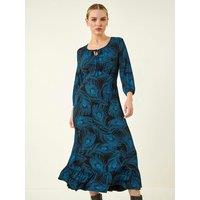 Roman Womens Petite Feather Print Keyhole Midi Dress - Blue
