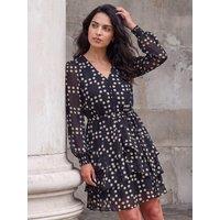 Roman Womens Dusk Spot Tie Waist Tiered Dress - Black