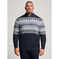 Badrhino Mens Big & Tall Fair Isle Half Zip Knitted Jumper - Grey