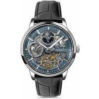 Spirit Gents Silver Sun Moon Automatic Black Leather Strap Watch