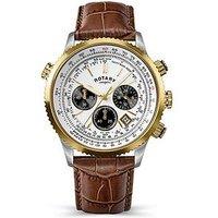 Rotary Rotary Men'S Pilot Chronograph White Dial Gold Plated Stainless Steel Brown Leather Strap Watch