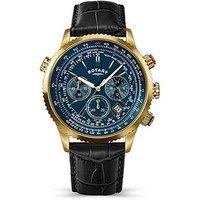 Rotary Rotary Men'S Pilot Chronograph Blue Dial Gold Plated Stainless Steel Black Leather Strap Watch