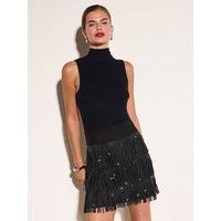 Friends Like These Womens Embellished Fringe Mini Skirt - Black