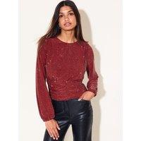 Friends Like These Womens Cinched Waist Hotfix Draped Front Blouse - Red