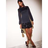 Friends Like These Womens Satin Sequin Hem Long Sleeve Mini Dress - Black