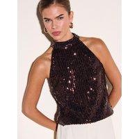 Friends Like These Womens Premium Sequin Halterneck Blouse - Chocolate Brown