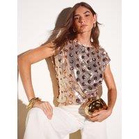 Friends Like These Womens Short Sleeve All-Over Sequin Blouse - Gold