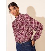 Friends Like These Womens Geo Print High Neck Shirred Cuff Blouse - Red