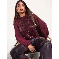 Friends Like These Womens Sequin Front Chiffon Sleeve Tie Back Blouse - Burgundy