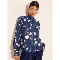 Friends Like These Womens High Neck Shirred Cuff Blouse - Blue