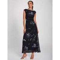 Jolie Moi Womens Multiway Neck Mesh Floral Maxi Dress - Black