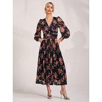 Jolie Moi Womens Wrap Bodice Sheer Sleeve Maxi Dress - Navy