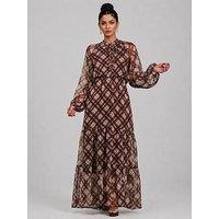 Jolie Moi Womens Tie Neck Tiered Long Sleeve Maxi Dress - Brown