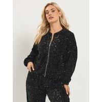 Yours Womens Curve Party Sequin Zip-Through Bomber Jacket - Black