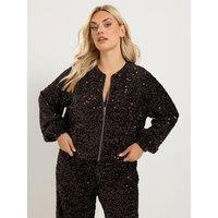 Yours Womens Curve All-Over Sequin Zip-Through Bomber Jacket - Chocolate