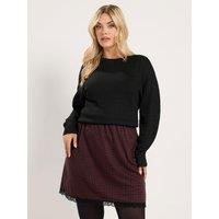 Yours Womens Curve Lace Trim A-Line Checked Skirt - Red
