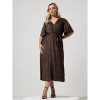 Yours Womens Curve Metallic Wrap Tie Belt Midi Dress - Brown