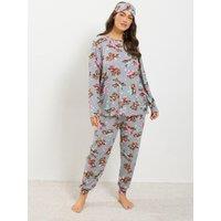 Yours Womens Curve Highland Cow Pj Set & Eye Mask - Grey