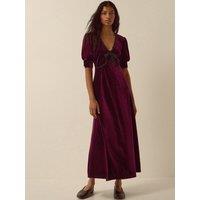 Monsoon Womens Vera Velvet Lace Trim Midi Dress - Red