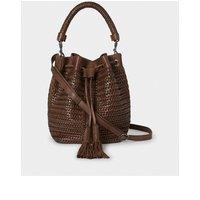 Osprey London Womens Lima Woven Drawstring Tassel Bucket Bag - Chestnut