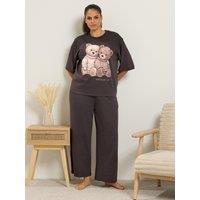 Yours Womens Curve Snuggle Up Teddy Graphic Wide-Leg Pyjama Set - Brown