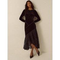 Monsoon Womens Beatrix Lace Hem Midi Velvet Dress - Black