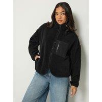 Pixiegirl Womens Petite Zip-Through Borg Cord Pocket Fleece Jacket - Black