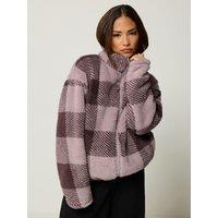 Pixiegirl Womens Petite Check Funnel Neck Fleece Jacket - Purple