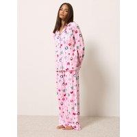 Pixiegirl Womens Petite Christmas Stripe Button-Through Fleece Pyjama Set - Pink