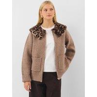 Accessorize Womens Faux-Fur Collar Zip Knitted Bomber Jacket - Cream