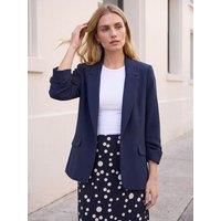 Roman Womens Ruched 3/4 Sleeve Blazer Jacket - Navy