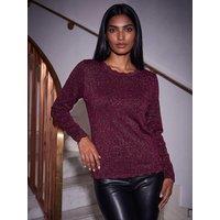 Roman Womens Shimmer Scallop Trim Long Sleeve Jumper - Red