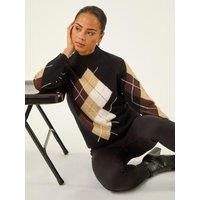 Roman Womens Petite Argyle High Neck Raglan Sleeve Jumper - Black