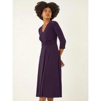 Roman Womens V-Neck Crossover Waist Midi Dress - Purple