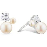 Ernest Jones Sterling Silver Cultured Freshwater Pearl Cubic Zirconia Trilogy Stud Earrings