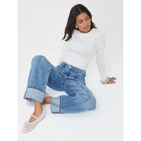 Threadbare Womens Petite High Rise Turn Up Wide Leg Jeans - Blue