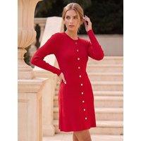 Roman Womens Ribbed Knit A-Line Button Detail Dress - Red