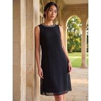 Roman Womens Petite 2 In 1 Neck Trim Shift Dress - Black