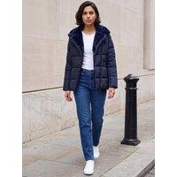 Roman Womens Faux Fur Collar Padded Biker Coat - Blue