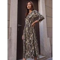 Roman Womens Abstract Print 3/4 Sleeve Midi Dress - Green