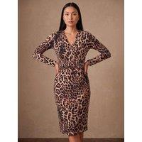 Roman Womens Gathered Gold Chain Animal Print Dress - Cream