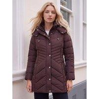 Roman Womens Petite Longline Quilted Faux Fur-Trim Puffer Coat - Brown