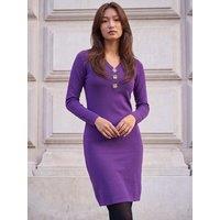 Roman Womens Button V-Neck Knitted Dress - Purple