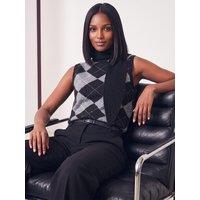 Roman Womens Scarf Detail Sleeveless Argyle Jumper - Black