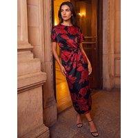 Roman Womens Side Tie Floral Midi Dress - Red