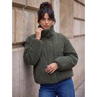 Roman Womens Corduroy Zip & Popper Puffer Coat - Green