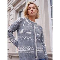 Roman Womens Cat Jacquard Button-Down Soft Knit Cardigan - Grey