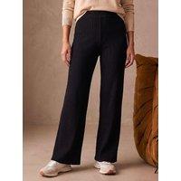 Roman Womens Elasticated Waist Wide Leg Rib Knit Trousers - Black